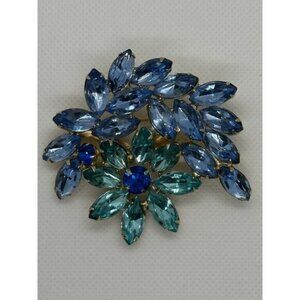 Vintage Rhinestone Floral Brooch With Blue & Teal Stones Set In Gold-Tone Metal